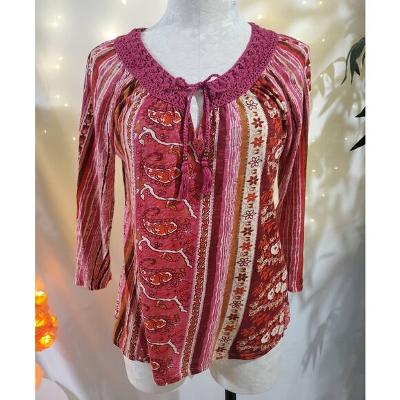 Lucky Brand Boho Stripe Crochet Tie Neck 3/4 Sleeve Peasant Top Womens Size S - Picture 1 of 9